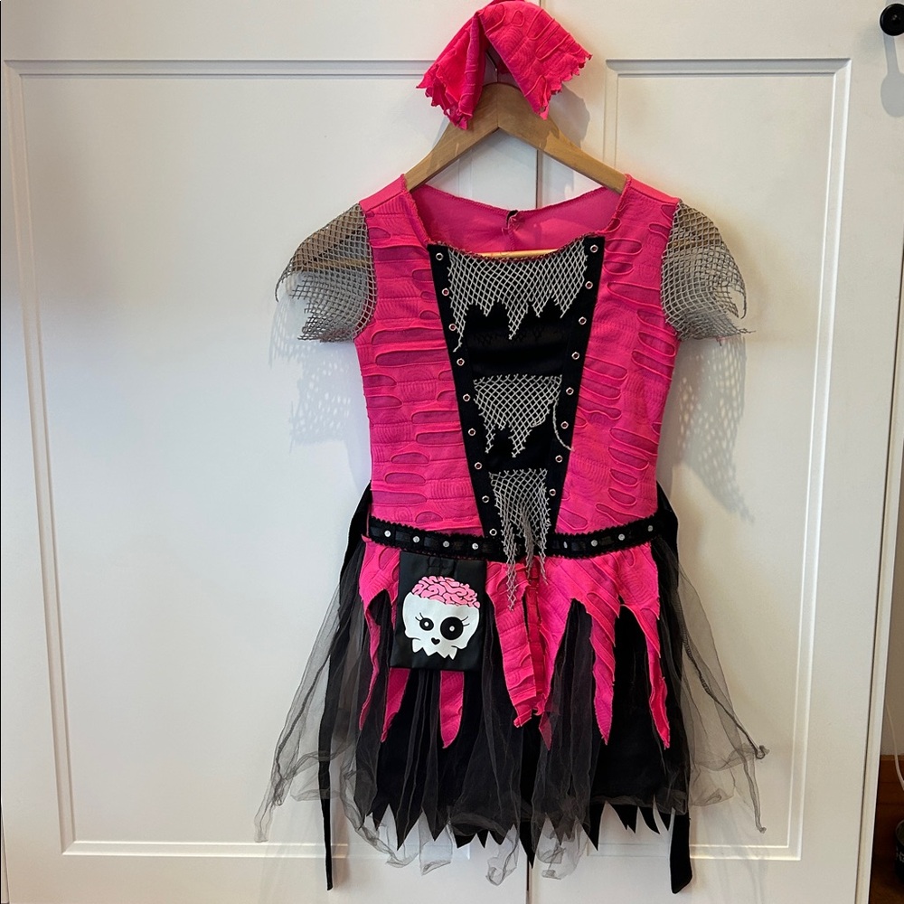 Pink and Black Halloween Zombie Costume Dress, kids 8-10, skeleton hand warmers